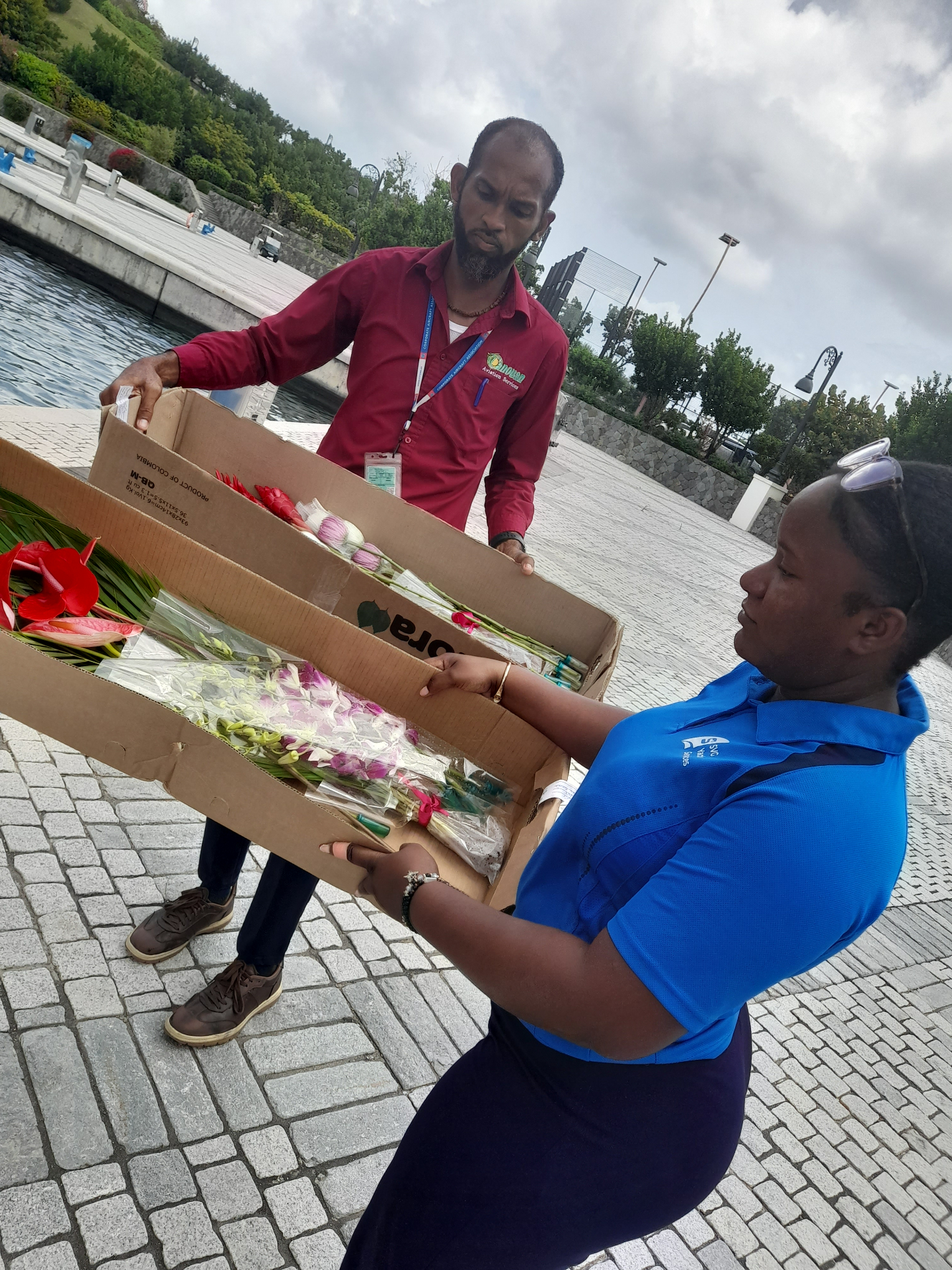 Tropical flower delivery at Canouan Marina by SVG Yacht Services