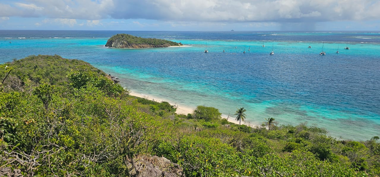 Aerial view of the Tobago Cays anchorage with yachts on the reef